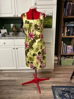 Green Floral Square-Neck Mini Dress with Pink Blooms